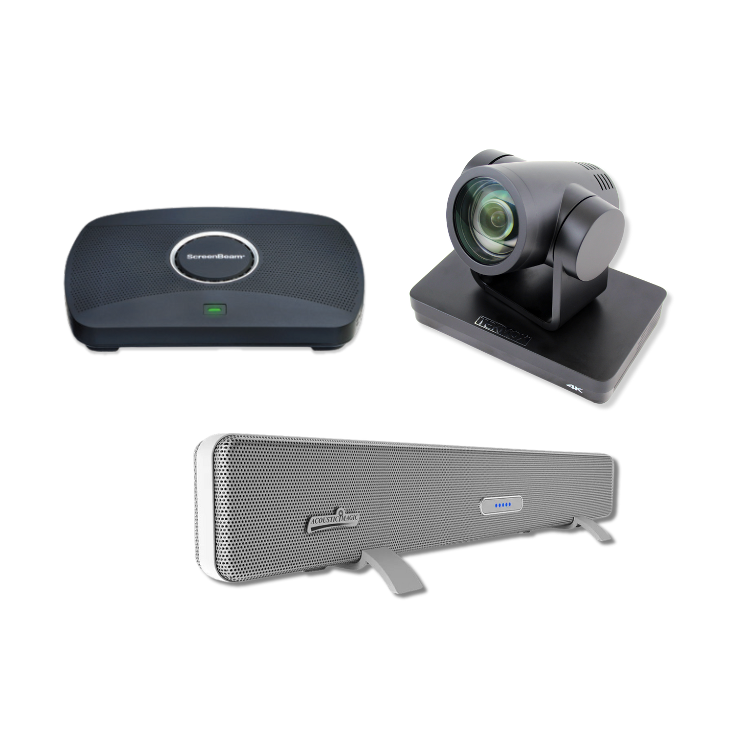 Product image showing a ScreenBeam 1100 Plus, TEKVOX Ultra Cam, and Acoustic Magic Voice Tracker III