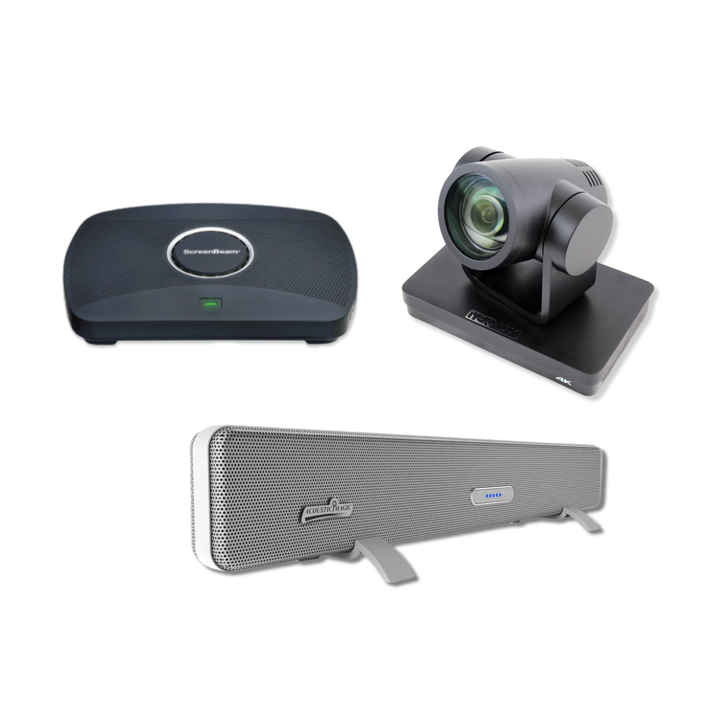 Product image showing a ScreenBeam 1100 Plus, TEKVOX Ultra Cam, and Acoustic Magic Voice Tracker III