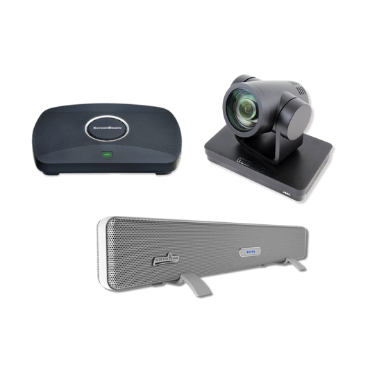 Product image showing a ScreenBeam 1100 Plus, TEKVOX Ultra Cam, and Acoustic Magic Voice Tracker III